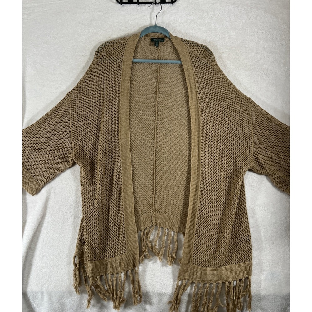Ralph Lauren Boho Crochet Knit Fringe Cardigan Kimono Open Front Tan Size XL